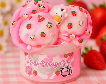 Strawberry Cow Cloud Slime: 7oz Fluffy Stress Relief, Cow Charm