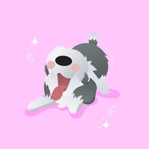 Pu&ograve; includere: Un'illustrazione di un cartone animato di un cane bianco e grigio su uno sfondo rosa. Il cane &egrave; sdraiato sul fianco con la lingua di fuori e gli occhi chiusi. Ci sono stelle bianche sparse intorno al cane.