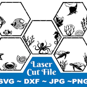 Sea creatures bundle SVG, Sea animal Laser Cut File, Ocean Animal SVG, Hexagon SVG,