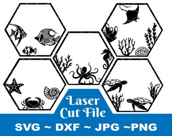 Sea creatures bundle SVG, Sea animal Laser Cut File, Ocean Animal SVG, Hexagon SVG,
