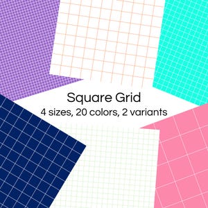 Könnte beinhalten: Eine Sammlung von quadratischen Rastermustern in verschiedenen Farben, darunter Lila, Orange, Türkis, Blau, Rosa und Weiß. Der Text "Square Grid" wird in der Mitte des Bildes angezeigt, zusammen mit dem Text "4 Größen, 20 Farben, 2 Varianten".