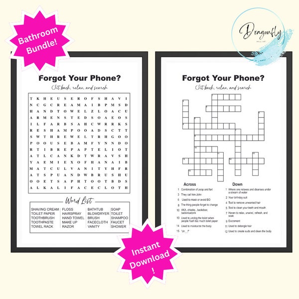 Forgot Your Phone Bathroom game, Bathroom Word Search, crossword puzzle, Bathroom Printable Set, Funny Bathroom Sign, Instant Download