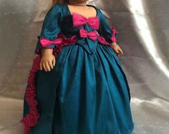 Blue and fuchsia 1780s Robe A l’ Anglaise for 18” dolls with shoes