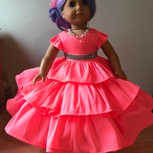 Neon pink party dress with necklace and shoes for 18” dolls