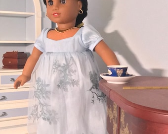 Light blue regency style dress for 18” doll