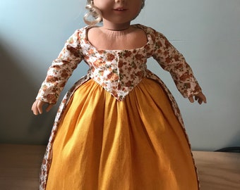 Robe A l’ Anglaise for 18” dolls orange flowers with yellow