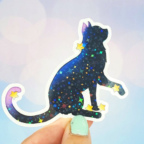 Cosmic Cat Holo Sticker -  Void, Galaxy, Stars, Celestial Night Sky, Space Aesthetic Waterbottle Laptop Decor,  Gift for Black Cat Lover