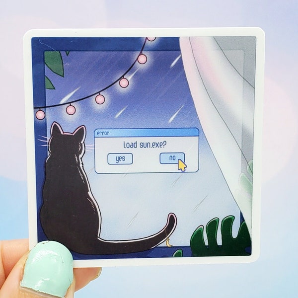 Rainy Day Black Cat in Window Sticker - Winter, Rain, Cozy, Computer Aesthetic, Waterbottle Laptop Decor, Cute Gift