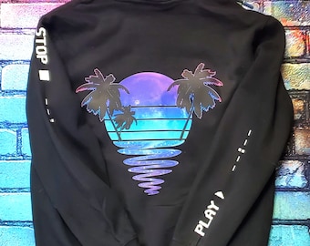 Neon Moonrise Pullover Hoodie - Sweatshirt, 80s Y2K, Vaporwave, Outrun, Dreamwave, Moon, VHS Streetwear Unisex