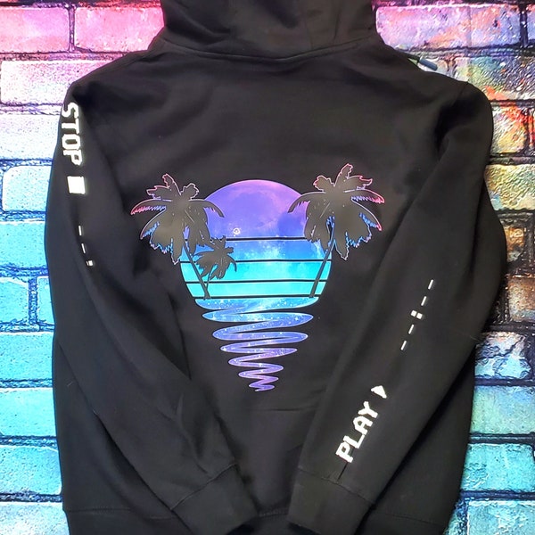 Neon Moonrise Pullover Hoodie - Sweatshirt, 80s Y2K, Vaporwave, Outrun, Dreamwave, Moon, VHS Streetwear Unisex