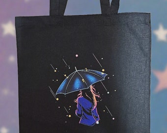 Star Rain Tote Bag - Rainy Anime Girl, Stars, Celestial, Unisex, Reusable Shopping Bag