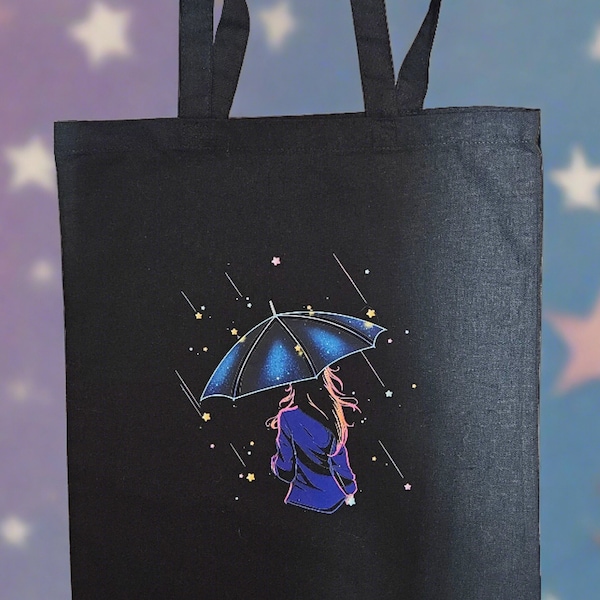 Star Rain Tote Bag - Rainy Anime Girl, Stars, Celestial, Unisex, Reusable Shopping Bag