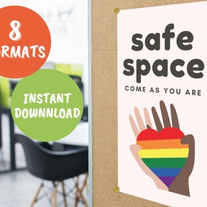 Safe Space Digital Print, Inclusive Print-Out Poster, LGBTQ Pride Sign for School, Kids, Classroom, Office, Desk - Instant Download