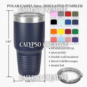 Polar Camel isolato POD Tumbler da 30 once Scheda informativa Accesso immediato Tazza da caffè aziendale Primo piano Mock Up Dimensioni Colori e caratteristiche