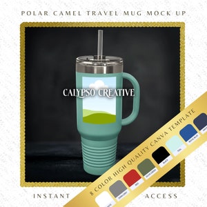 Tazza da viaggio con cammello polare POD, mockup di tumbler Canva, set di modelli aziendali ad accesso istantaneo, tazza da caffè in 8 colori da 40 once, stampa mock-up su richiesta