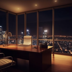 Puede incluir: Una oficina moderna con un gran escritorio y dos sillas, con vistas a un horizonte urbano por la noche. El escritorio está hecho de madera oscura y tiene una tapa de vidrio. Las sillas están tapizadas en cuero y tienen un diseño moderno. El horizonte de la ciudad es visible a través de las grandes ventanas detrás del escritorio.