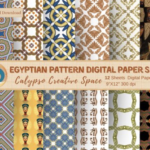 Può includere: Un set di carta digitale con 12 fogli di motivi a tema egizio. I motivi presentano disegni geometrici, geroglifici e immagini della dea egizia Nefertiti. La carta misura 23 cm x 30 cm e 300 dpi.