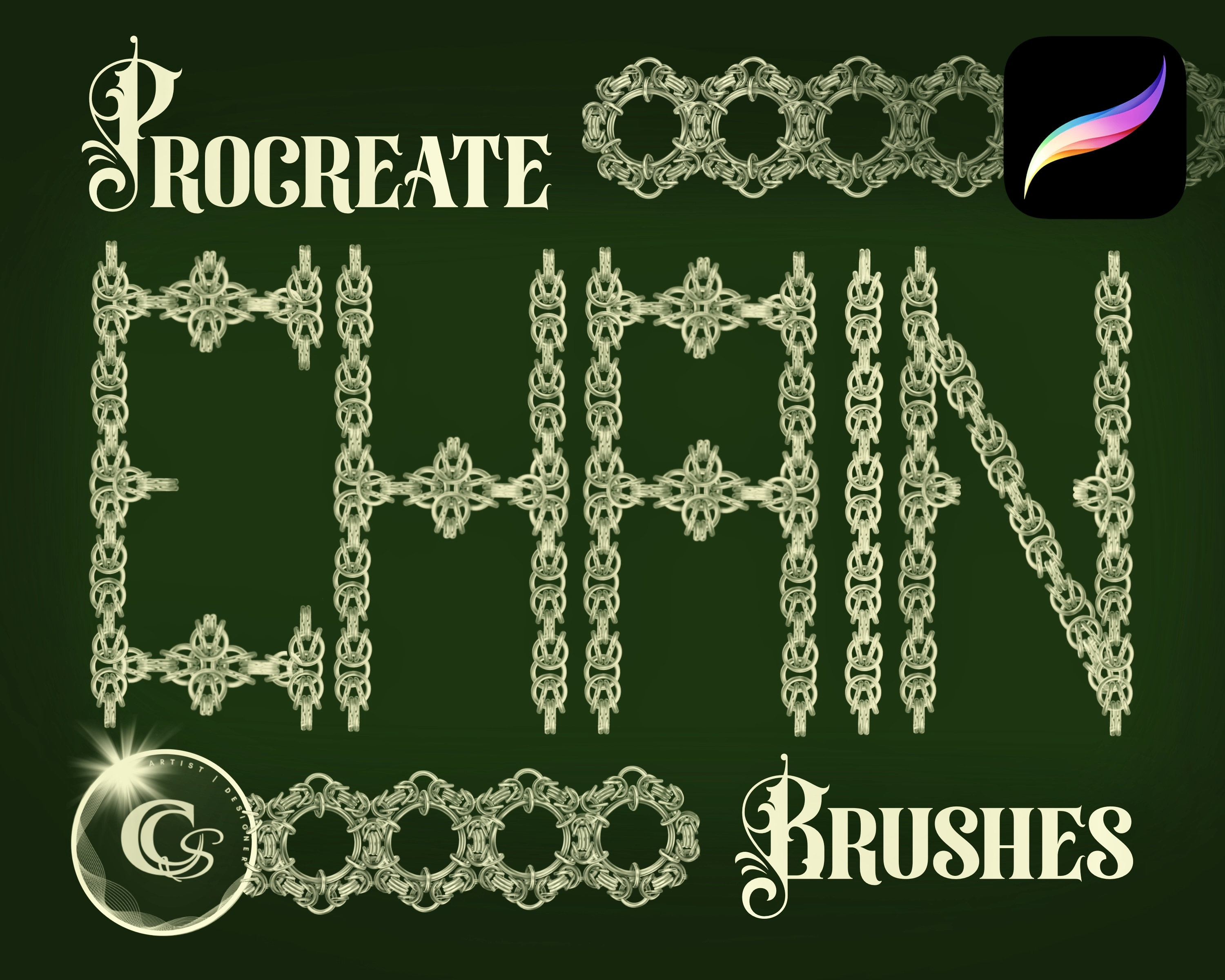 Pinceles para Procreate Chain Maille – Set de patrones de cota de malla celta y persa con muestras metálicas