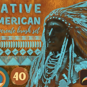Op de afbeelding: Een digitale illustratie van een inheemse Amerikaanse man met een hoofdtooi. De afbeelding is in een blauw en bruin kleurenschema. De tekst "NATIVE AMERICAN procreate brush set" staat bovenaan de afbeelding. Het getal "40" staat in een cirkel in de rechterbenedenhoek van de afbeelding. Het Procreate-app-pictogram staat in de rechterbenedenhoek van de afbeelding.