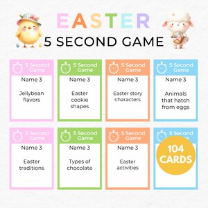 May include: A set of 104 Easter-themed game cards with a colorful design. Each card features a 5-second game prompt, such as "Name 3 jellybean flavors" or "Name 3 Easter cookie shapes".