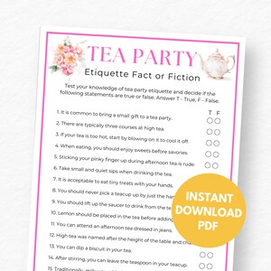Tea Party Activities, Tea Party Etiquette, Printable Bridal Shower Games, Tea Party Favors, Tea Party Game for Kids, Tea Party Birthday