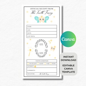 Recibo editável da Fada do Dente, Certificado do Primeiro Dente, Dente Perdido, Nota da Fada do Dente, Recibo da Fada do Dente, Primeiro Dente das Crianças, Download Instantâneo