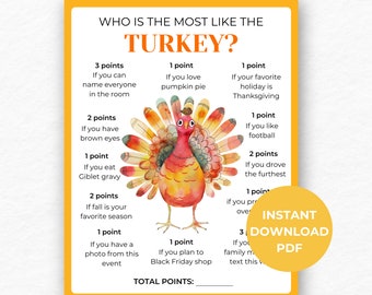 Utskrivbart Thanksgiving-spel, Thanksgiving som kalkon mest, Thanksgiving-spel, kontorsfestspel, gruppspel utskrivbart, partyspel