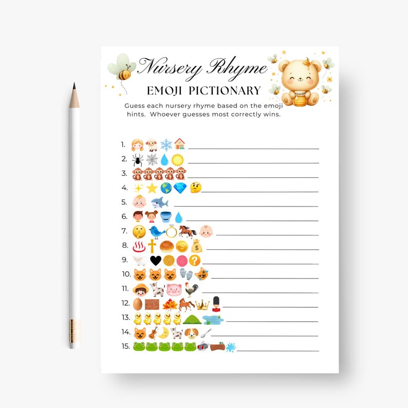 Nursery Rhyme Pictionary Instant Download Baby Emoji Game Gender
