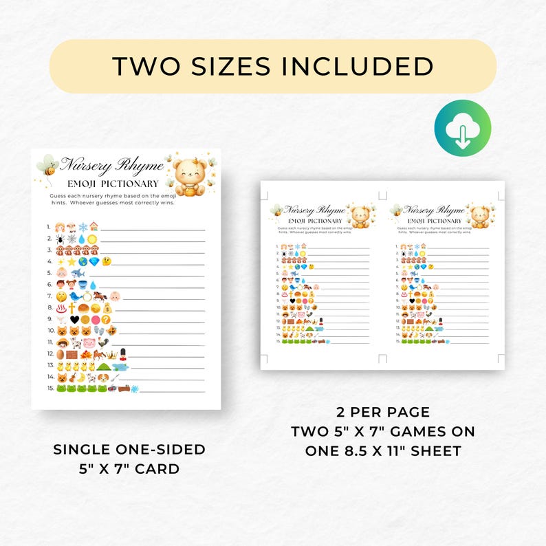 Nursery Rhyme Pictionary Instant Download Baby Emoji Game Gender