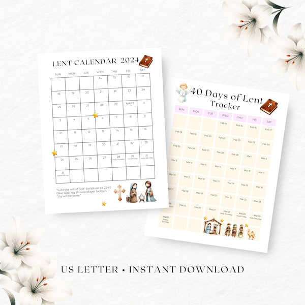 Lenten Calendar | 2024 Lenten Calendar | Printable Lenten Calendar | Easter Calendar |  Lenten Calendar | Ash Wednesday Planner|  Lent 2024