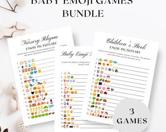 Paquete de juegos de Pictionary con rimas infantiles, emojis para baby shower, descarga instantánea, juego de emojis para bebés, género neutro, juegos imprimibles para baby shower