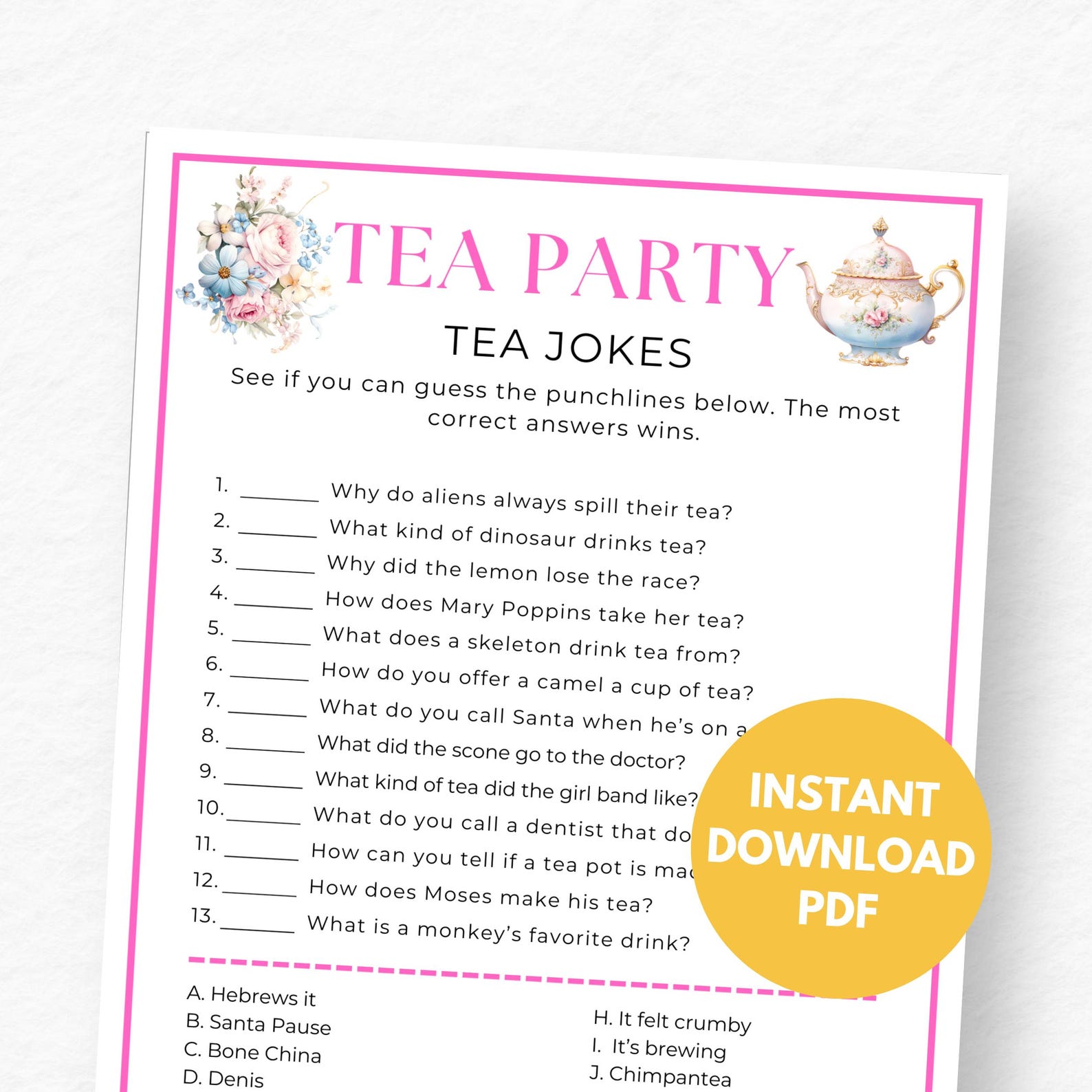 Tea Party Games, Tea Jokes Game, Printable Tea Party Games, Tea Party ...