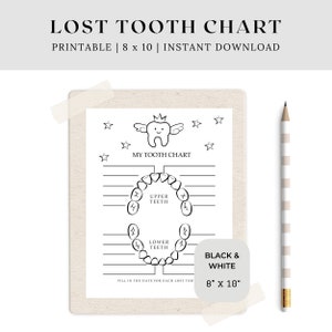 Carte des dents perdues 8 x 10, tracker de dent imprimable pour enfants, dossier de la fée des dents, carte des dents de bébé, souvenir d'une étape importante pour les enfants, rapport sur les dents perdues