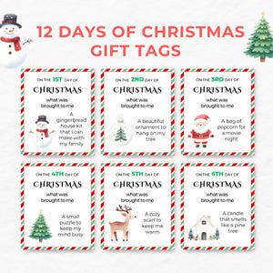 クリスマスの12日間のタグ（印刷可能）｜ホリデーカウントダウンギフトラベル｜先生のクリスマス｜すぐにダウンロード