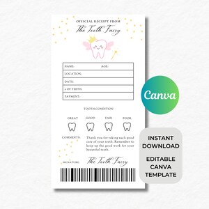 Certificado editável para o primeiro dente | Dente perdido | Surpresa da Fada do Dente | Bilhete da Fada do Dente | Recibo da Fada do Dente | Primeiro dente infantil