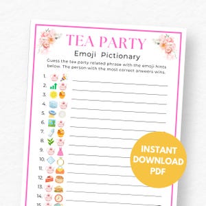 May include: A printable tea party emoji game with 15 questions. Each question has a tea party related emoji and a blank line for the answer. The game is titled "Tea Party Emoji Pictionary".