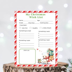 Druckbare Weihnachtswunschliste, Kinderwunschliste, Weihnachtswunschliste druckbare, Weihnachtswunschliste, druckbare Feiertagswunschliste