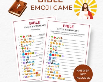 Bijbel emoji-spel, afdrukbare kerkactiviteit voor kinderen en volwassenen, leuke christelijke game-avond, jeugdgroepsbijbel trivia, emoji-pictionary-spel