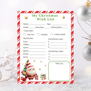 Druckbare Weihnachtswunschliste, Kinderwunschliste, Weihnachtswunschliste druckbare, Weihnachtswunschliste, druckbare Feiertagswunschliste