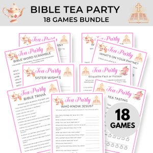 May include: A set of 18 Bible Tea Party games. The games include trivia, word scrambles, and fact or fiction. The game cards are pink and white with floral and teapot illustrations. The bundle includes a teapot graphic.