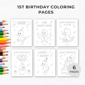 Stockente Ente Geburtstag Malseiten, eine glückliche Ente Geburtstagsfeier Malseiten, lustige Ente 1. Geburtstag Partybevorzugung, Kinder Aktivität Blätter