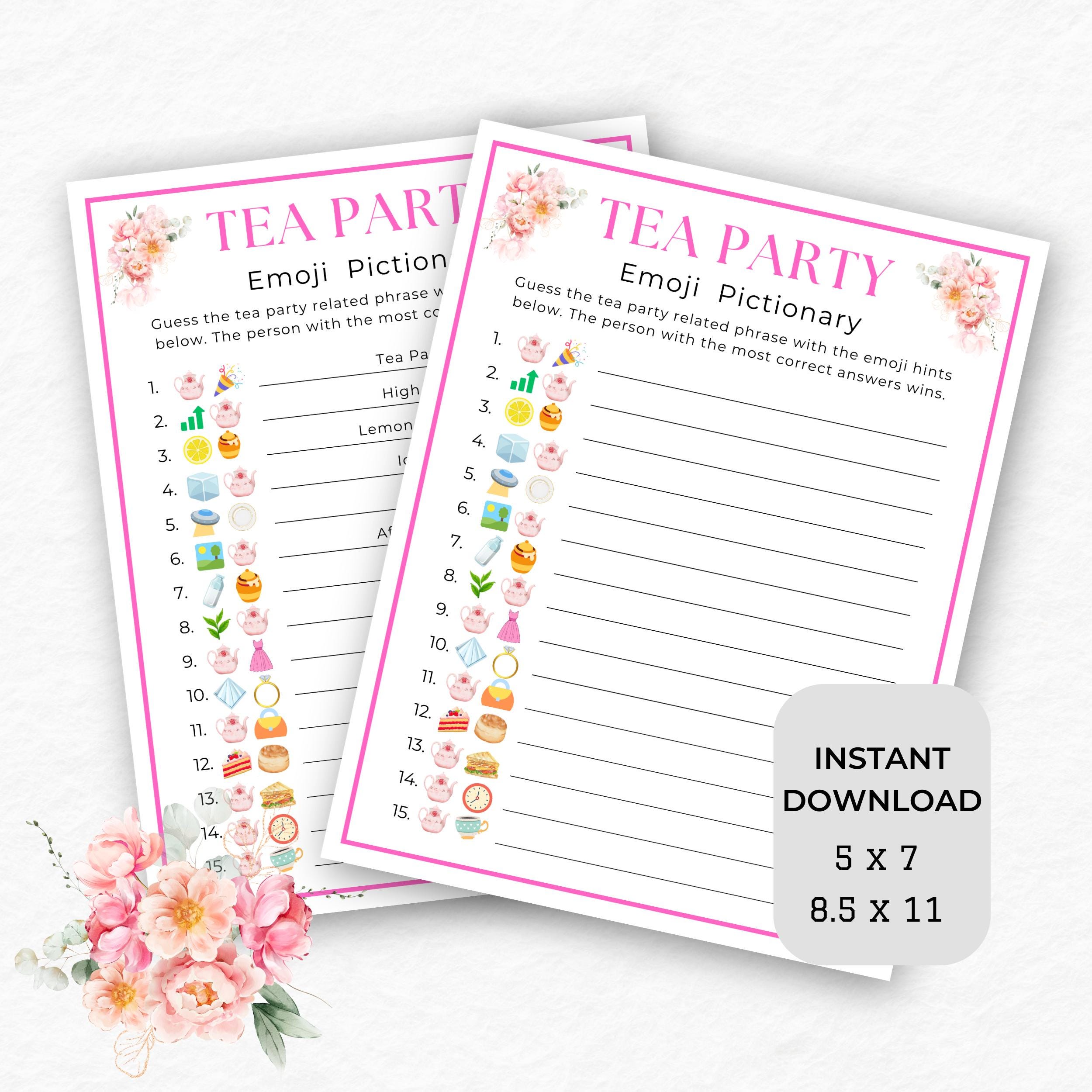 Tea Party Games, Tea Party Emoji Pictionary, Printable Tea Party Games ...