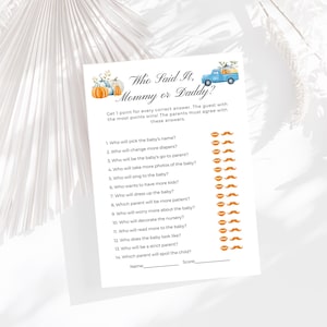 Mommy or Daddy Baby Shower Game, Pumpkin Baby Shower Games, Girl Baby Shower, Autumn Baby Shower Games, Little Pumpkin Baby Shower, Digital