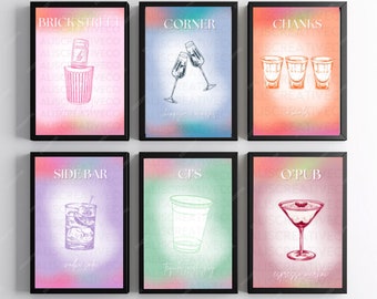 May include: Six framed wall art prints featuring gradient backgrounds and line-art illustrations of bar drinks. The prints display the text BRICK STREET, CORNER, CHANKS, SIDE BAR, CJ'S, and O'PUB alongside drawings of a bucket, glasses, and cocktails.