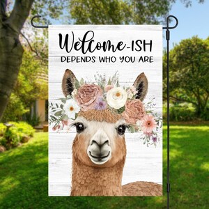 12x18 Garden Flag Sublimation Design, Welcome-Ish Llama With Flowers, Digital Design, PNG