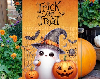 May include: A Halloween garden flag with a cute ghost wearing a witch hat and holding a pumpkin. The flag is orange with black text that says "Trick or Treat".