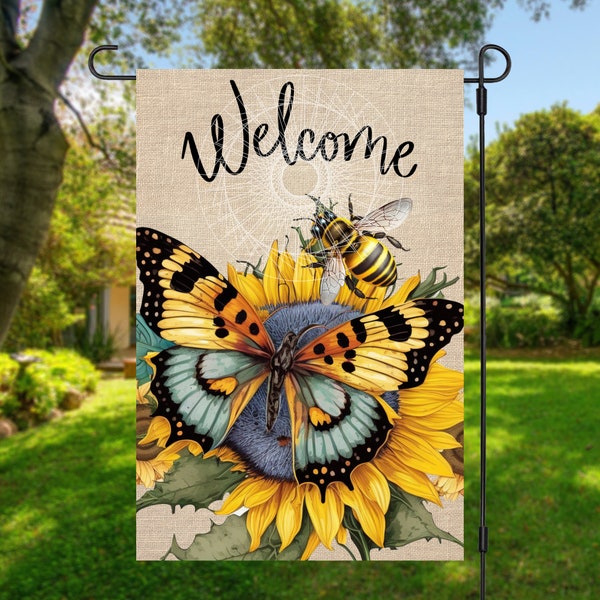 12x18 Garden Flag Sublimation Design, Sunflowers, Butterfly  and Bee, Welcome, Digital Design, PNG