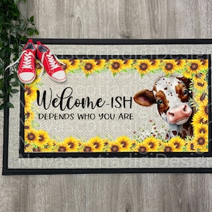 Welcome-ISH,  Cow and Sunflowers, Door Mat Design,  Farmhouse Design, Sublimation Door Mat Design, PNG