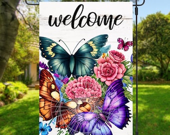 12x18 Garden Flag Sublimation Design, Butterflies and Flowers, Welcome, Digital Design, PNG