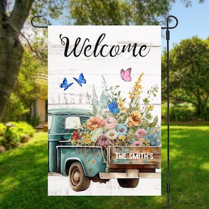 12x18 Garden Flag Sublimation Design, Welcome, Vintage Truck and Flowers, Add a Name,  Digital Design, PNG